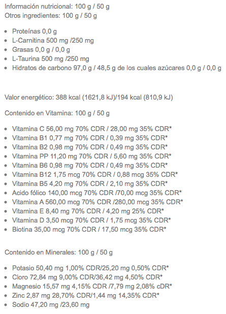 Información nutricional energy drink 226ers frutos rojos